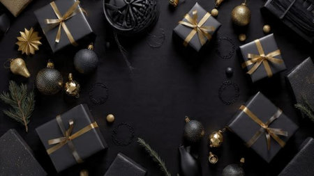 A glowing seasonal celebration displayed over a muted black festive base.の写真素材