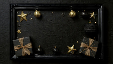A warm gold glow illuminates a dark holiday composition rich in matte textures.の写真素材
