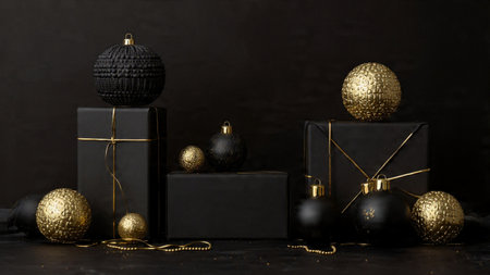 Fashionable holiday gifts in matte-black with premium gold accents.の写真素材