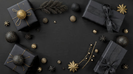 A dramatic black festive backdrop sprinkled with elegant gold details for a high-end seasonal look.の写真素材