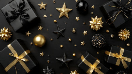 Dramatic lighting enhances a luxurious black and gold holiday scene.の写真素材