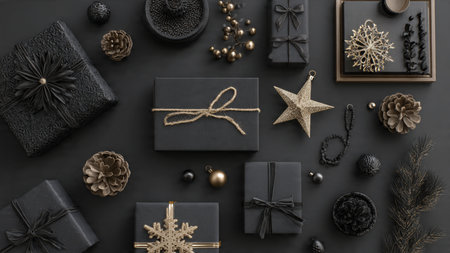 A luxurious seasonal composition built from black minimalism and golden highlights.の写真素材