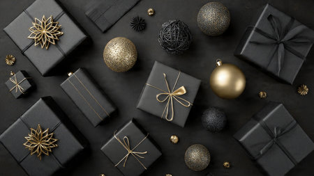 A luxurious matte-black holiday scene enriched with pure-gold decorative accents, arranged with flawless symmetry and premium seasonal styling.の写真素材