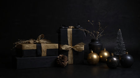 A minimalist dark holiday layout with strategic golden highlights.の写真素材
