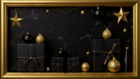 Elegant holiday elements softly illuminated over deep black tones.の写真素材