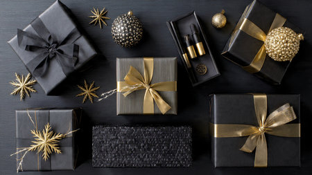 A clean modern flatlay pairing matte-black ornaments with pure-gold stars.の写真素材