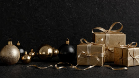 A contemporary snowflake design featuring pure-gold pieces on black.の写真素材