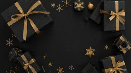 A prestige-level seasonal display in black and gold featuring premium styled gifts.の写真素材