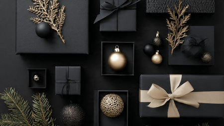 Soft golden illumination enhances a clean matte-black festive composition.の写真素材