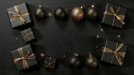 A deluxe seasonal frame featuring matte-black composition and bright pure-gold festive touches.の写真素材