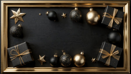 A velvety black background paired with radiant gold ornaments and upscale gift boxes creates a sophisticated holiday display.の写真素材