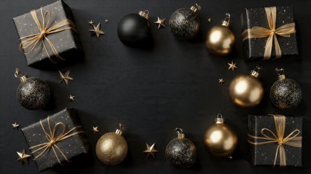 Shimmering gold snowflakes displayed beautifully on a textured matte-black backdrop.の写真素材