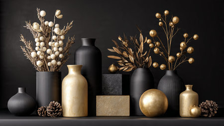 Antique-style gold presents showcased against distressed black textures.の写真素材