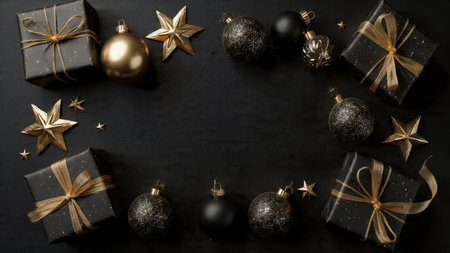 A bold holiday setup featuring premium gold baubles displayed on a dramatic black canvas.の写真素材
