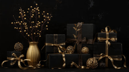 Gold ornaments displayed as focal elements on an ultra-dark black texture.の写真素材