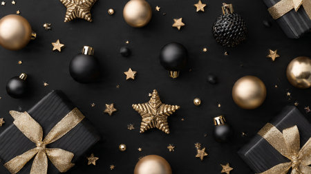Pure-gold festive decorations displayed elegantly over a dark matte canvas.の写真素材
