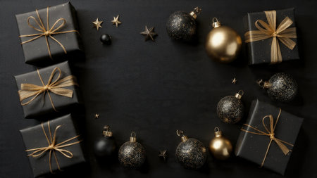 A premium packaging concept using black surfaces and gold accents.の写真素材