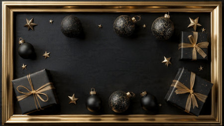 A refined still-life arrangement blending dark matte tones with glowing gold highlights.の写真素材