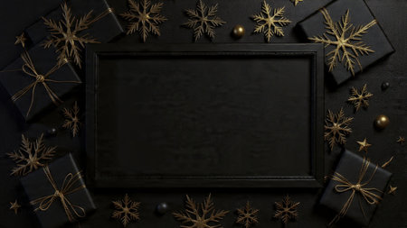 Luxury black gift sets and gold decorations arranged in a premium seasonal layout.の写真素材
