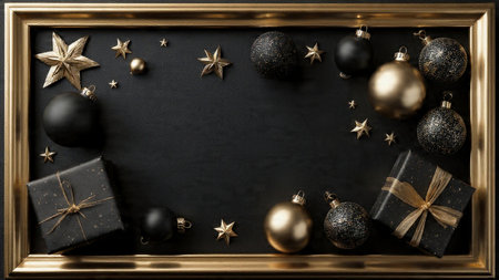 Pure-gold festive decorations displayed elegantly over a dark matte canvas.の写真素材