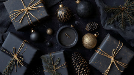 Shimmering gold snowflakes displayed beautifully on a textured matte-black backdrop.の写真素材