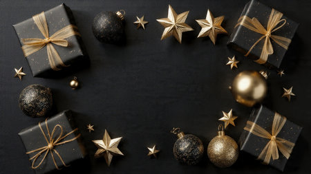 A sleek holiday composition featuring black gift boxes tied with metallic gold ribbon.の写真素材