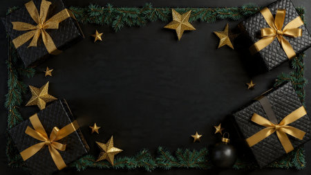 A minimalistic holiday composition featuring pure-gold ornaments on deep-black tones.の写真素材
