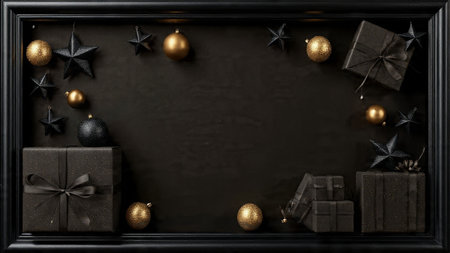 Edges of black holiday objects outlined with glowing gold highlights.の写真素材