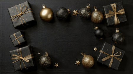 A matte-black holiday background dusted subtly with shimmering gold snowflakes.の写真素材
