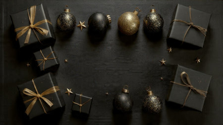 A modern holiday mockup featuring sleek matte-black textures and elegantly minimal gold elements.の写真素材