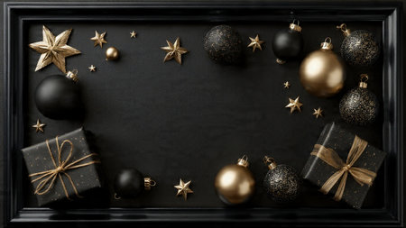 Gold metallic snowflakes framed against rich black textures.の写真素材