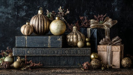 Gold ornaments displayed as focal elements on an ultra-dark black texture.の写真素材