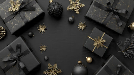 A sparkling gold festive set highlighted against a premium black backdrop.の写真素材
