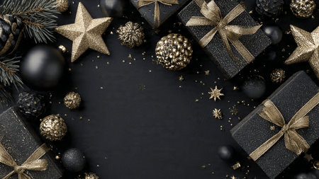 A gentle gold glow enhances a refined matte-black holiday setup.の写真素材