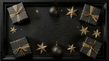 A super-luxury seasonal arrangement featuring matte-black textures and artisanal gold decorations.の写真素材