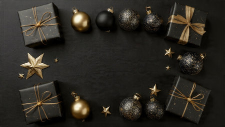 Gold-wrapped gifts and ornaments arranged on a clean matte-black flatlay scene.の写真素材
