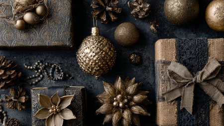 A lavish black holiday still life glowing with pure-gold highlights.の写真素材