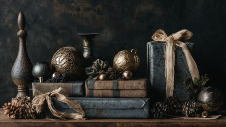 Pure-gold ornaments showcased dramatically on a dark canvas.の写真素材