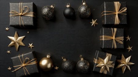 Luxury holiday packaging using matte-black and pure-gold detailing.の写真素材