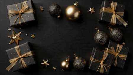 A luxurious decorative frame combining deep black textures and gold accents.の写真素材