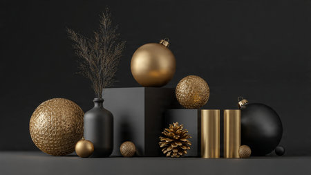 Ribbon and ornaments in gold displayed stylishly over black.の写真素材
