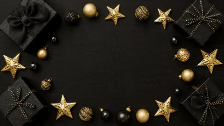 A simple yet refined gold frame built around matte-black festive dの写真素材