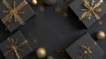 A curated collection of gold Christmas ornaments resting on a smooth black surface.の写真素材