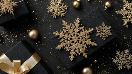 Crown-like gold ornaments arranged elegantly on a matte-black seasonal backdrop.の写真素材