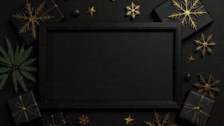 Pure-gold snowflakes arranged intricately on a matte-black holiday background.の写真素材