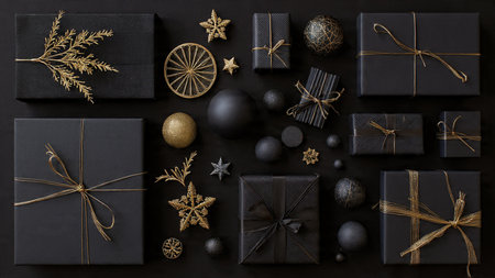 A luxury frame of black gift boxes layered with pure-gold ribbon and ornaments.の写真素材