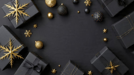 A high-end aesthetic combining matte-black tones with pure-gold holiday elements.の写真素材