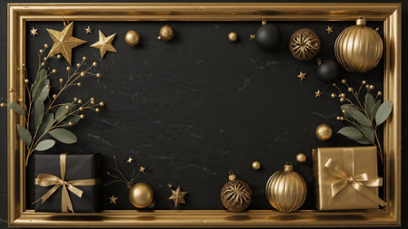 Timeless black & gold holiday styling with elegant gift wrapping.の写真素材
