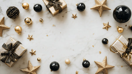 Fashionable holiday gifts in matte-black with premium gold accents.の写真素材