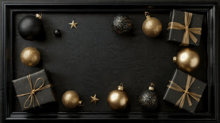 Artistic metallic elements placed across a matte-black composition.の写真素材